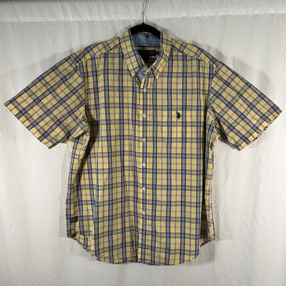 US Polo Assn Shirt Men's XL Yellow Plaid Button Up Short Sleeve Cotton Blend